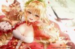  1girl :d absurdres ahoge animal backlighting bangs bird blonde_hair blurry blurry_background breasts cleavage collarbone commentary depth_of_field dress dutch_angle epaulettes eyebrows_visible_through_hair fate/extra fate_(series) gauntlets green_eyes hair_between_eyes hair_intakes highres juliet_sleeves junpaku_karen large_breasts long_hair long_sleeves nero_claudius_(fate) nero_claudius_(fate)_(all) open_mouth petals pixiv_id puffy_sleeves red_dress revision smile solo symbol_commentary upper_teeth 