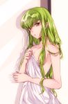  1girl bangs blunt_bangs breasts c.c. cleavage code_geass collarbone eyebrows_visible_through_hair green_hair hair_between_eyes long_hair medium_breasts meimi_k naked_sheet parted_lips shiny shiny_hair sideboob simple_background solo standing very_long_hair wet white_background yellow_eyes 