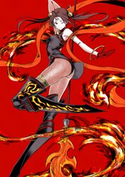  1girl absurdres arm_behind_head armpits ass bare_shoulders bell brown_hair china_dress chinese_clothes dress fate/grand_order fate_(series) fire fishnet_pantyhose fishnets gloves hair_bell hair_ornament highres holding holding_weapon huge_filesize nezha_(fate/grand_order) one_eye_closed pantyhose red_gloves sleeveless solo twintails utu_(ldnsft) weapon yellow_eyes 