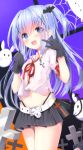  1girl :d animal bangs bat_hair_ornament belt belt_buckle black_gloves black_panties black_skirt blue_eyes blue_hair blush bow breasts buckle collared_shirt commentary_request eyebrows_visible_through_hair ghost gloves gochuumon_wa_usagi_desu_ka? hair_between_eyes hair_ornament halloween halloween_costume hands_up highleg highleg_panties highres index_finger_raised kafuu_chino kouda_suzu latin_cross looking_at_viewer miniskirt navel neck_ribbon open_mouth panties pleated_skirt puffy_short_sleeves puffy_sleeves red_bow red_ribbon ribbon shirt short_sleeves sidelocks silk skirt small_breasts smile spider_web standing standing_on_one_leg two_side_up underwear white_belt white_shirt x_hair_ornament 