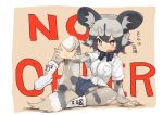  1girl african_wild_dog_(kemono_friends) african_wild_dog_print animal_ears blush boots bow bowtie collared_shirt commentary_request denim denim_shorts dog_ears dog_tail eyebrows_visible_through_hair fang grey_hair kemono_friends leg_up long_sleeves multicolored_hair open_mouth pantyhose print_legwear shirt short_hair short_sleeves shorts solo sweatdrop tail teranekosu translated 