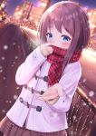  1girl absurdres adjusting_scarf backlighting bangs blue_eyes blurry blush bokeh brown_skirt cityscape coat cold commentary_request cowboy_shot depth_of_field duffel_coat enpera eyebrows_visible_through_hair fringe_trim highres long_hair long_sleeves looking_at_viewer nari_(narikashi) night original outstretched_hand pink_scarf plaid plaid_scarf plaid_skirt purple_hair railing scarf sidelocks skirt sleeves_past_wrists snowing solo white_coat winter winter_clothes winter_coat 