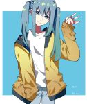  1girl absurdres bangs blue_background blue_eyes blue_hair commentary cowboy_shot denim eyebrows_visible_through_hair eyelashes fingernails hand_up happy hatsune_miku head_tilt highres jacket jeans long_sleeves looking_at_viewer nail_polish open_clothes open_jacket pants pink_nails shaded_face shirt simple_background smile solo standing twintails upper_body vocaloid white_background white_shirt yellow_jacket 
