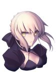  1girl absurdres artoria_pendragon_(all) black_bow boa_(brianoa) bow braided_bun breasts choker cleavage collarbone eyebrows_visible_through_hair fate/stay_night fate_(series) floating_hair hair_between_eyes hair_bow highres looking_at_viewer medium_breasts saber_alter short_hair_with_long_locks shrug_(clothing) sidelocks silver_hair solo transparent_background upper_body yellow_eyes 