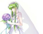  1girl bouquet braid breasts bridal_veil c.c. code_geass crown_braid dress flower gloves green_hair head_wreath holding holding_bouquet jewelry long_hair medium_breasts meimi_k necklace purple_flower sidelocks sleeveless sleeveless_dress solo standing strapless strapless_dress tied_hair veil very_long_hair wedding_dress white_background white_dress white_gloves 