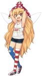  1girl alternate_legwear american_flag_legwear armpits arms_behind_head arms_up artist_request blonde_hair clownpiece denim denim_shorts fairy_wings full_body hat jester_cap long_hair open_mouth red_eyes shoes short_shorts shorts simple_background smile solo tank_top thigh-highs third-party_edit touhou very_long_hair white_background white_tank_top wings 