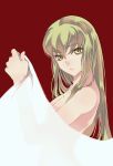  1girl breasts c.c. cleavage code_geass eyebrows_visible_through_hair from_side green_hair hair_between_eyes holding long_hair looking_at_viewer medium_breasts meimi_k nude parted_lips red_background simple_background solo upper_body yellow_eyes 