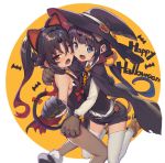  2girls animal_ears bare_shoulders black_hair blue_eyes boots cape cat_ears cat_tail choker commentary_request fang gloves halloween halloween_costume hat hinatsuru_ai leotard long_hair long_sleeves looking_at_viewer low_twintails multiple_girls neck_bell open_mouth orange_neckwear pantyhose ponytail red_eyes ryuuou_no_oshigoto! shirabi shirt shorts sleeveless tail thigh-highs twintails vest white_legwear white_shirt witch_hat yashajin_ai 
