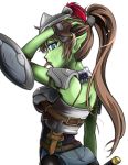  1girl armor blue_eyes breasts brown_gloves brown_hair buckler commentary_request dagger fang fanny_pack fingerless_gloves forehead_protector freckles from_behind genderswap genderswap_(mtf) gloves goblin goblin_slayer goblin_slayer! green_skin hair_pulled_back kenmiko long_hair looking_back medium_breasts monster_girl monsterification pauldrons pointy_ears ponytail sheath shield solo sword tongue tongue_out weapon white_background 