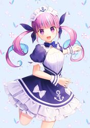  1girl :d ahoge anchor_symbol bangs blue_dress blue_hair blue_nails blush copyright_request dress eyebrows_visible_through_hair fingernails frilled_dress frills hair_ribbon head_tilt highres long_hair looking_at_viewer maid maid_headdress momoshiki_tsubaki multicolored_hair nail_polish open_mouth pink_hair puffy_short_sleeves puffy_sleeves purple_ribbon revision ribbon round_teeth short_sleeves sidelocks smile solo streaked_hair teeth two-tone_hair upper_teeth violet_eyes virtual_youtuber wrist_cuffs 