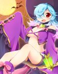  1girl bat blue_hair breasts broom broom_riding cleavage cosplay fire_emblem fire_emblem:_kakusei fire_emblem_heroes fire_emblem_if hair_over_one_eye halloween_costume hat lantern large_breasts long_hair long_sleeves momosemocha multicolored_hair nintendo nowi_(fire_emblem) nowi_(fire_emblem)_(cosplay) open_mouth pieri_(fire_emblem_if) pink_hair red_eyes short_shorts shorts sleeves_past_fingers sleeves_past_wrists solo twitter_username witch_hat 