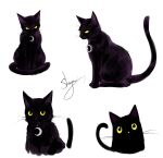  absurdres artist_name black_cat cat cat_focus chinese_commentary commentary_request crescent highres no_humans original sheya signature simple_background sitting whiskers white_background yellow_eyes 