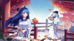 2girls ahoge autumn_leaves bili_girl_22 bili_girl_33 bilibili_douga blue_hair calligraphy_brush closed_eyes day fan fence folding_fan highres holding_brush ink light_blue_hair long_hair looking_at_another multiple_girls official_art outdoors paintbrush pink_eyes shadow sharlorc short_hair standing sunlight tree wide_sleeves writing 