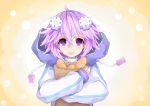  1girl blush bread choker d-pad d-pad_hair_ornament eyebrows_visible_through_hair food hair_between_eyes hair_ornament hood hooded_jacket jacket looking_at_viewer neptune_(choujigen_game_neptune) neptune_(series) open_mouth purerin purple_hair short_hair smile solo violet_eyes white_choker 