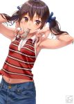  1girl aoi_sora_(pairan) armpits arms_up bare_shoulders blush brown_eyes brown_hair hair_ornament hair_ribbon hairclip highres long_hair looking_at_viewer low_twintails midriff navel original pairan ribbon simple_background solo sweat twintails white_background 