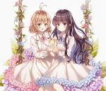  2girls :d antenna_hair bangs black_hair blonde_hair blue_flower blue_ribbon blue_rose blunt_bangs card_captor_sakura daidouji_tomoyo dress eyebrows_visible_through_hair floating_hair flower green_eyes kero kinomoto_sakura lium long_dress long_hair long_sleeves looking_at_viewer multiple_girls neck_ribbon open_mouth pink_flower pink_ribbon pink_rose ribbon rose shiny shiny_hair sitting smile very_long_hair violet_eyes white_background white_dress 