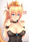  1girl absurdres anger_vein bangs black_collar black_leotard blonde_hair blue_eyes blush bowsette bracelet breasts cleavage collar commentary_request crown endsmall_min eyebrows_visible_through_hair fangs fingernails gradient gradient_background grey_background hair_between_eyes highres horns jewelry large_breasts leotard long_fingernails long_hair super_mario_bros. mini_crown nail_polish new_super_mario_bros._u_deluxe nintendo nose_blush open_mouth ponytail red_nails revision signature solo spiked_bracelet spiked_collar spiked_tail spikes strapless strapless_leotard super_crown tail tail_raised v-shaped_eyebrows 