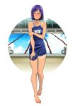  1girl annoyed barefoot blush bob_cut breasts closed_mouth feet guglielmo hair_ornament hairclip highres orignal pool poolside purple_hair red_eyes school_swimsuit short_hair small_breasts solo swimsuit tan tanline toes 