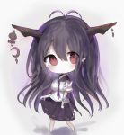  1girl :o antenna_hair bandage bandaged_arm bandages bangs barefoot black_sailor_collar black_skirt blush breasts chibi commentary_request cottontailtokki crescent danua draph eyebrows_visible_through_hair full_body granblue_fantasy grey_background hair_between_eyes head_tilt highres horn_ornament horns long_hair looking_at_viewer medium_breasts neckerchief parted_lips pleated_skirt pointy_ears purple_hair purple_neckwear red_eyes ribbon-trimmed_skirt ribbon_trim sailor_collar school_uniform serafuku shirt short_sleeves skirt solo standing very_long_hair white_shirt wide_sleeves 