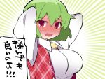  1girl arms_behind_head between_breasts blush breasts commentary_request dress_shirt embarrassed full-face_blush green_hair hammer_(sunset_beach) impossible_clothes impossible_shirt kazami_yuuka large_breasts necktie necktie_between_breasts open_mouth plaid plaid_vest red_eyes shirt solo touhou translated unmoving_pattern vest 