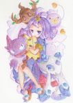  1girl :d acerola_(pokemon) antenna_hair armlet bangs blue_dress blush_stickers brown_footwear commentary_request creatures_(company) dress drifloon fangs forehead froslass game_freak gen_1_pokemon gen_4_pokemon gen_6_pokemon gen_7_pokemon grey_background hair_ornament haunter heart highres hug looking_at_viewer mimikyu nintendo open_mouth parted_bangs parted_lips phantump pokemon pokemon_(creature) pokemon_(game) pokemon_sm purple_hair sandals sharp_teeth short_sleeves smile teeth traditional_media tsukiyo_(skymint) upper_teeth violet_eyes 
