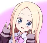  1girl :d abigail_williams_(fate/grand_order) bangs blonde_hair blue_eyes blush bow collared_shirt cosplay fate/grand_order fate_(series) forehead gradient gradient_background hands_up jacket kujou_karasuma long_hair long_sleeves looking_at_viewer open_mouth parted_bangs pink_background pink_bow purple_jacket salute shinjou_akane shinjou_akane_(cosplay) shirt sleeves_past_wrists smile solo ssss.gridman vulcan_salute white_background white_shirt 