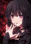  1girl black_hair black_ribbon blood blood_splatter choker eyebrows_visible_through_hair gothic_lolita hair_between_eyes lolita_fashion long_hair long_sleeves looking_at_viewer nina_(pastime) parted_lips red_eyes ribbon ribbon_choker solo upper_body 