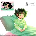  1girl artist_name black_hair buttercup_(ppg) buttercup_redraw_challenge derivative_work english_text green_eyes green_pajamas instagram_username long_sleeves looking_at_viewer messy_hair pillow powerpuff_girls reference_inset screencap_redraw short_hair signature simple_background smile solo sxnyus twitter_username under_covers upper_body white_background 