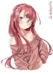  1girl alternate_costume blue_eyes blush closed_mouth ebifurya eyebrows_visible_through_hair hair_flaps hair_ribbon hairband highres kantai_collection kawakaze_(kantai_collection) long_hair long_sleeves looking_at_viewer low_twintails redhead ribbon simple_background solo twintails very_long_hair white_background 