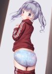 1girl ass bangs blue_panties blush closed_mouth commentary_request eyebrows_visible_through_hair grey_hair hands_up head_tilt highres jacket kantai_collection long_hair long_sleeves looking_at_viewer looking_back mochiyuki ooshio_(kantai_collection) own_hands_together panties pants pants_pull red_jacket red_pants solo standing track_jacket track_pants track_suit twintails underwear v-shaped_eyebrows violet_eyes 