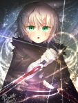  1girl 2018 bandage black_cloak dated dual_wielding eyebrows_visible_through_hair facial_scar fate/apocrypha fate_(series) green_eyes hair_between_eyes highres holding holding_knife jack_the_ripper_(fate/apocrypha) knife looking_at_viewer open_mouth scar scar_across_eye scar_on_cheek short_hair signature silver_hair solo taiyaking upper_body 