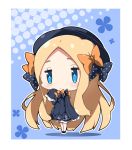  1girl :&lt; abigail_williams_(fate/grand_order) bangs black_bow black_dress black_footwear black_hat blonde_hair bloomers blue_eyes blush bow bug butterfly chibi closed_mouth commentary_request dress fate/grand_order fate_(series) forehead full_body hair_bow halftone hat insect long_hair long_sleeves looking_at_viewer mary_janes milkpanda orange_bow parted_bangs polka_dot polka_dot_bow shoes sleeves_past_fingers sleeves_past_wrists solo standing underwear very_long_hair white_bloomers 