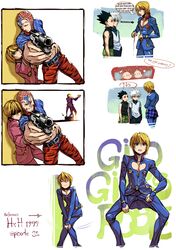  4boys artist_request black_shirt blonde_hair blue_eyes cosplay crossover english giorno_giovanna giorno_giovanna_(cosplay) gon_freecss green_pants guido_mista gun handgun highres hunter_x_hunter jojo_no_kimyou_na_bouken jojo_pose killua_zoldyck kurapika multiple_boys pants parody pistol pose shirt short_hair tagme vento_aureo weapon 