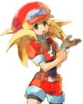  1girl belt blonde_hair breasts brown_gloves buttons cabbie_hat commentary_request dinef gloves green_eyes hat jacket long_hair looking_at_viewer open_mouth red_jacket rockman rockman_dash roll_caskett short_sleeves shorts smile solo 