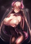  1girl amane_ruri aqua_eyes bare_shoulders black_background black_gloves breasts cleavage demon_girl demon_horns demon_tail demon_wings elbow_gloves gloves highres horns huge_breasts light_smile looking_at_viewer original pantyhose parted_lips pointy_ears solo succubus tail wings 