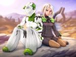  2girls bodysuit breasts closed_mouth eyebrows_visible_through_hair green_eyes hair_between_eyes hair_ornament hand_on_another&#039;s_shoulder highres horiishi_horuto looking_at_viewer multiple_girls short_hair sitting sitting_on_object smile tagme warframe white_hair 