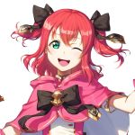  1girl ;d black_bow bow corsetman floating_hair green_eyes hair_between_eyes hair_bow head_tilt kurosawa_ruby looking_at_viewer love_live! love_live!_sunshine!! one_eye_closed open_mouth pink_capelet redhead shiny shiny_hair short_sleeves simple_background smile solo twintails upper_body white_background 