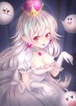  1girl :3 blush boo breasts cleavage collarbone dress earrings elbow_gloves eyebrows_visible_through_hair ghost_pose gloves highres jewelry large_breasts long_hair looking_at_viewer luigi&#039;s_mansion super_mario_bros. new_super_mario_bros._u_deluxe nintendo o_yat pointy_ears princess_king_boo red_eyes revision smile solo super_crown tongue tongue_out very_long_hair white_dress white_gloves white_hair 