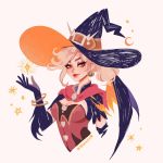  1girl alternate_costume blonde_hair blue_eyes breasts cleavage earrings elbow_gloves gloves halloween halloween_costume hat jewelry mercy_(overwatch) overwatch solo vicki_tsai wings witch witch_hat witch_mercy 
