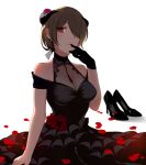  1girl absurdres babyzhugg bare_shoulders between_breasts black_choker black_dress black_footwear black_gloves breasts brown_hair choker cleavage dress earrings finger_to_mouth flower frilled_dress frills gloves hair_over_one_eye hair_ribbon halterneck high_heels highres honkai_impact horns jewelry lace long_dress looking_at_viewer medium_breasts off-shoulder_dress off_shoulder petals red_eyes red_flower red_rose ribbon rita_rossweisse rose see-through shoes shoes_removed short_hair single_glove sitting 