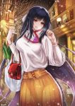  1girl :o asagik23 bad_anatomy bag black_hair black_sky blush bow breasts building hair_bow hand_up handbag highres jewelry lamppost large_breasts long_hair long_sleeves looking_at_viewer original outdoors red_eyes ring shirt shopping_bag skirt snowing spring_onion standing twitter_username very_long_hair watch watch white_bow white_shirt window winter yellow_skirt 