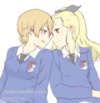  2girls assam bangs black_neckwear black_ribbon blonde_hair blue_eyes blue_sweater braid closed_mouth commentary darjeeling dress_shirt emblem girls_und_panzer hair_pulled_back hair_ribbon long_hair long_sleeves looking_at_another multiple_girls necktie open_mouth ribbon school_uniform shirt short_hair side-by-side smile st._gloriana&#039;s_(emblem) st._gloriana&#039;s_school_uniform sweater tied_hair upper_body v-neck white_shirt wing_collar zol_(rambling7) 