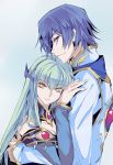  1boy 1girl blue_eyes blue_hair breasts c.c. cleavage code_geass couple eyebrows_visible_through_hair from_side green_hair grey_background hair_between_eyes hair_ornament highres hug lelouch_lamperouge long_hair long_sleeves looking_at_viewer medium_breasts meimi_k short_hair simple_background smile upper_body yellow_eyes 