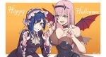  2girls :d bangs black_choker black_hairband blue_hair blunt_bangs breasts bug chicke_iii choker claw_pose cleavage collarbone commentary_request darling_in_the_franxx demon_wings eyebrows_visible_through_hair facepaint fingernails frilled_sleeves frills green_eyes grin hairband halloween_costume happy_halloween highres horns ichigo_(darling_in_the_franxx) large_breasts leaning_forward lolita_hairband long_hair long_sleeves looking_at_viewer multiple_girls nail_polish off_shoulder open_mouth orange_background pink_hair purple_nails red_wings short_hair sidelocks simple_background small_breasts smile spider star strapless teeth twitter_username upper_body upper_teeth v-shaped_eyebrows very_long_hair wide_sleeves wings yellow_eyes zero_two_(darling_in_the_franxx) 