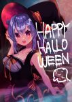  1girl :d arm_up bangs bare_arms bare_shoulders beniko_(ymdbnk) black_hat black_shirt blush bow breasts cleavage collarbone commentary_request eyebrows_visible_through_hair hair_between_eyes hair_bun hair_intakes happy_halloween hat hat_bow head_tilt highres long_hair looking_at_viewer looking_to_the_side medium_breasts open_mouth orange_bow original pleated_skirt ponytail purple_hair red_eyes round_teeth shirt side_bun sidelocks skirt sleeveless sleeveless_shirt smile solo striped striped_bow teeth upper_teeth vertical-striped_skirt vertical_stripes very_long_hair witch_hat 