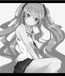  1girl :o between_legs breasts curly_hair expressionless eyebrows_visible_through_hair gnosis_(ylyk) grey_background greyscale hand_between_legs hatsune_miku head_tilt headset highres letterboxed long_hair looking_away monochrome necktie shirt simple_background sitting skirt sleeveless sleeveless_shirt solo thighs upper_body very_long_hair vocaloid white_shirt 