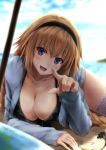  1girl bangs beach bikini black_bikini black_hairband black_scrunchie blonde_hair blue_eyes blurry blurry_background blush braid breasts cleavage day eyebrows_visible_through_hair fate/apocrypha fate_(series) hair_ornament hair_scrunchie hairband highres jacket jeanne_d&#039;arc_(fate) jeanne_d&#039;arc_(fate)_(all) large_breasts long_hair looking_at_viewer lying ocean open_clothes open_jacket open_mouth outdoors pointing pointing_at_viewer sand scrunchie shade sidelocks single_braid smile solo suien swimsuit thigh-highs umbrella very_long_hair 