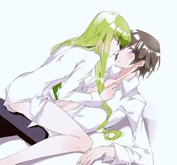  1boy 1girl black_pants brown_hair c.c. code_geass dress_shirt girl_on_top green_hair lelouch_lamperouge long_hair long_sleeves meimi_k naked_shirt open_clothes open_shirt pants shiny shiny_hair shirt simple_background very_long_hair violet_eyes white_background white_shirt 