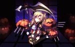  1girl azur_lane blonde_hair cannon cleveland_(azur_lane) eyebrows_visible_through_hair gloves hair_between_eyes hair_ornament highres ioniccrystal night night_sky pointy_ears pumpkin red_eyes scythe sitting sky smile solo thigh-highs twintails 