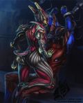 1boy 1girl ass_grab bodysuit breasts claws excalibur_(warframe) glowing hand_on_another&#039;s_chest inkary looking_at_another restraints sitting standing standing_on_one_leg tagme tail valkyr_(warframe) warframe watermark 